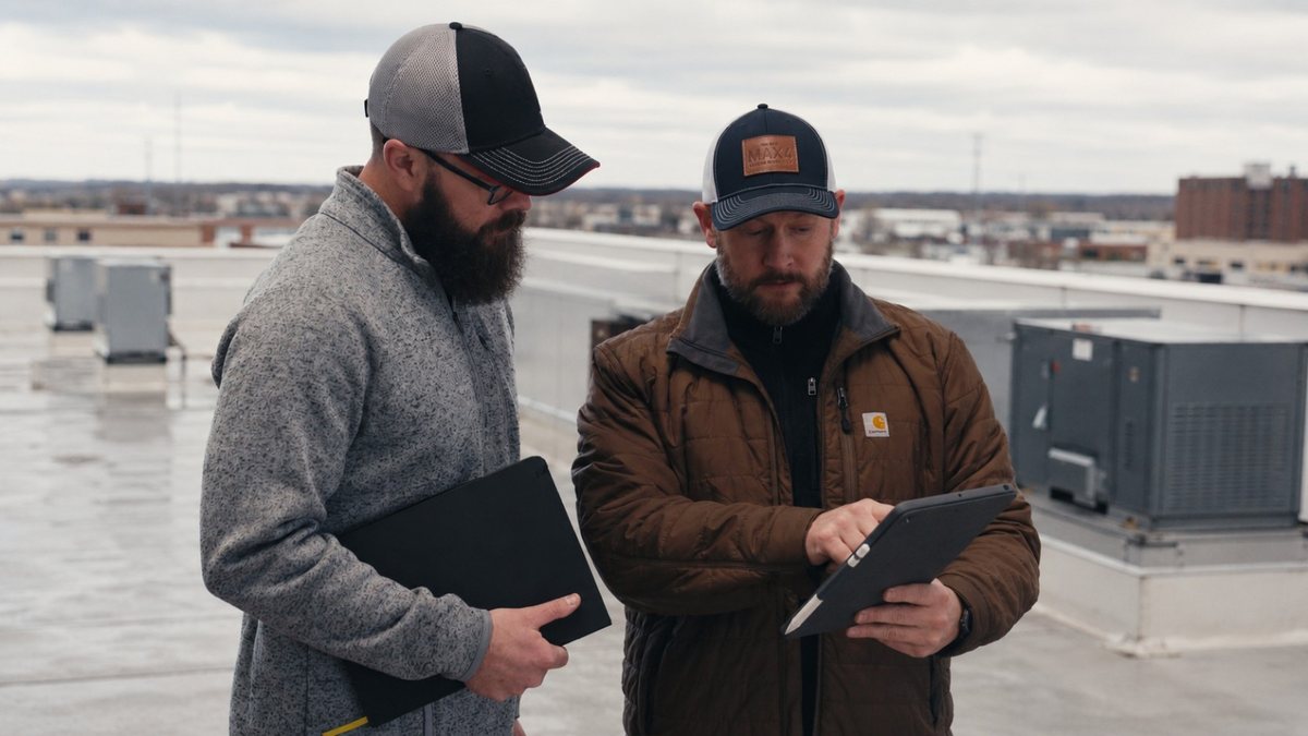 MAX4 reviewing a roof claim on a tablet, onsite