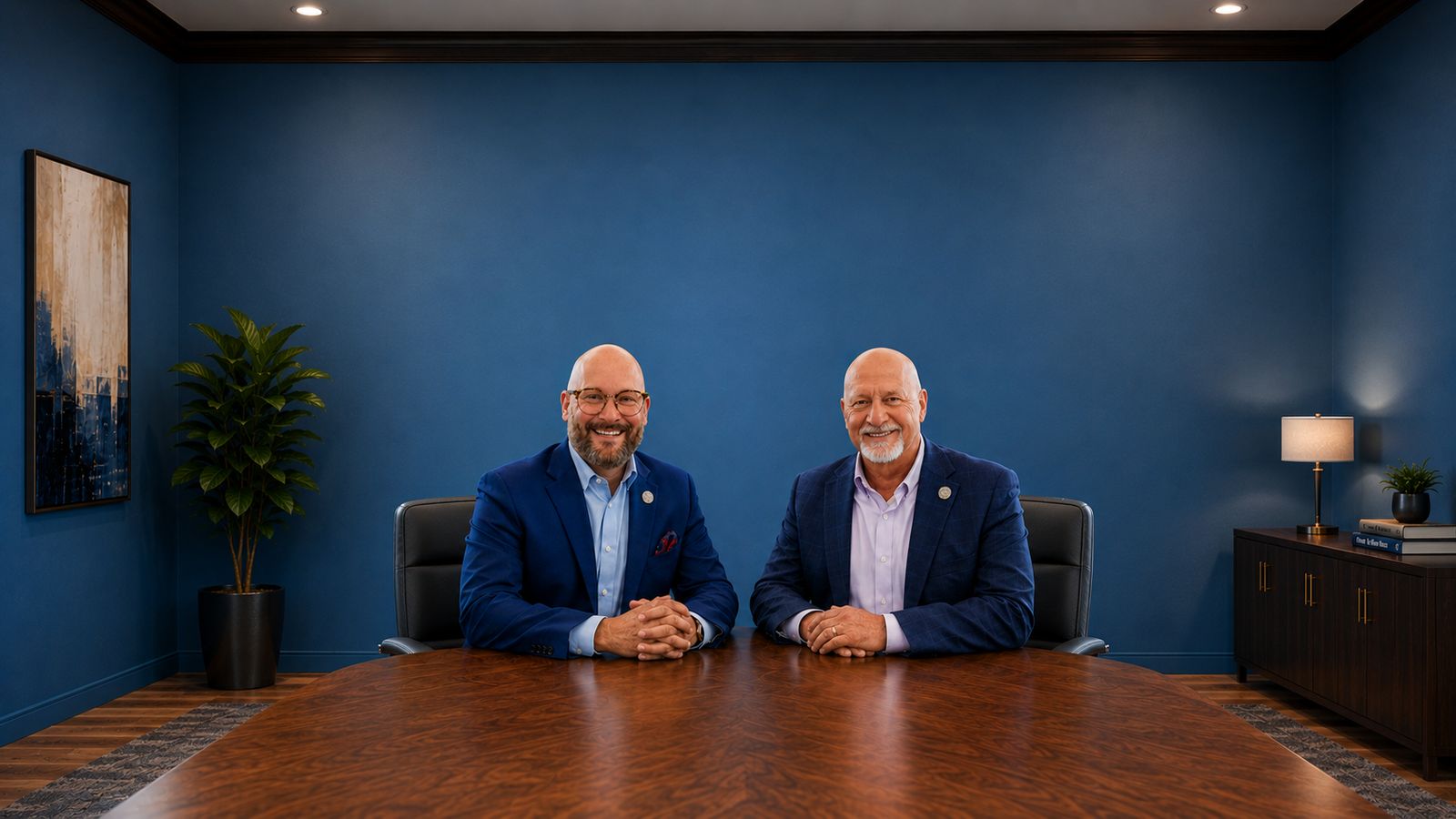Ray and Justin Land, founders of MAX4 Claims Specialists, seated at their boardroom table