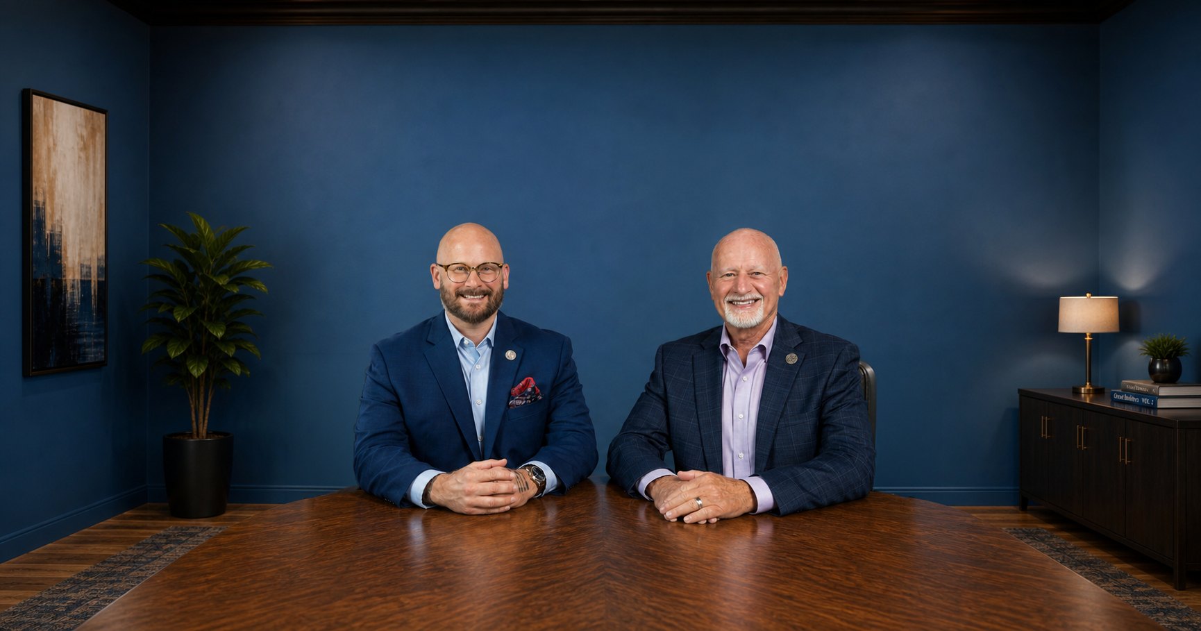 Ray and Justin Land, founders of MAX4 Claims Specialists, seated at their boardroom table